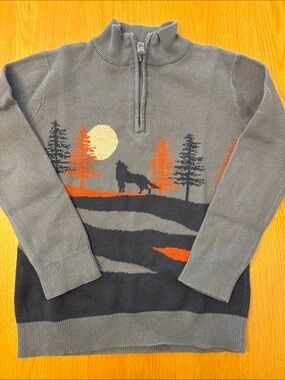 Fat Face Boys Blue/Gray Zip-Up Sweater with Wolf and Forest Motif - size 6/7